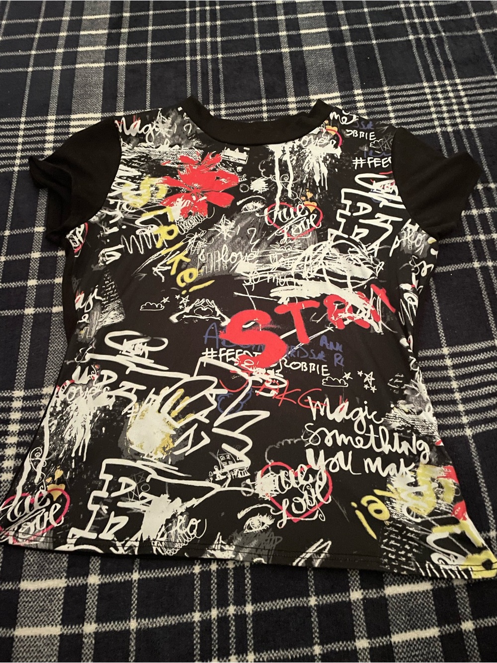 Kids Black Graphic Raglan Tee with Red & Yellow Accents